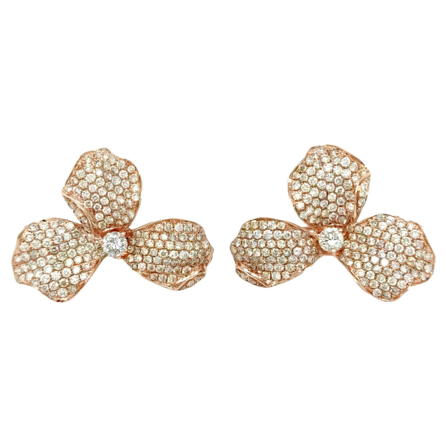 18K Rose Gold Trillium Three-Petal Flower Colored Diamond Earrings For Sale