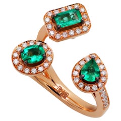 18k Rose Gold Triple Ring with Emeralds and Brilliant Diamonds