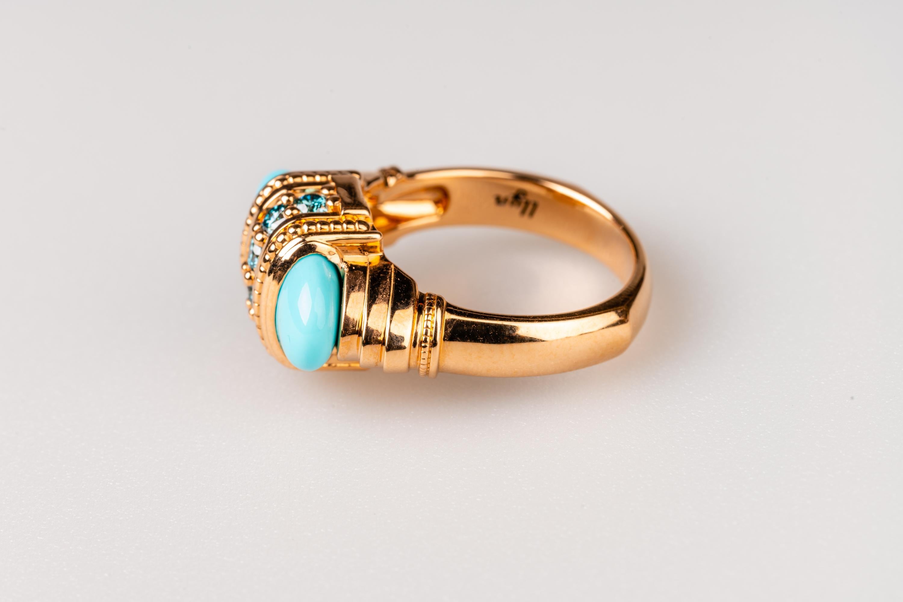 Cabochon 18 Karat Rose Gold Turquoise and Blue Diamond Ring