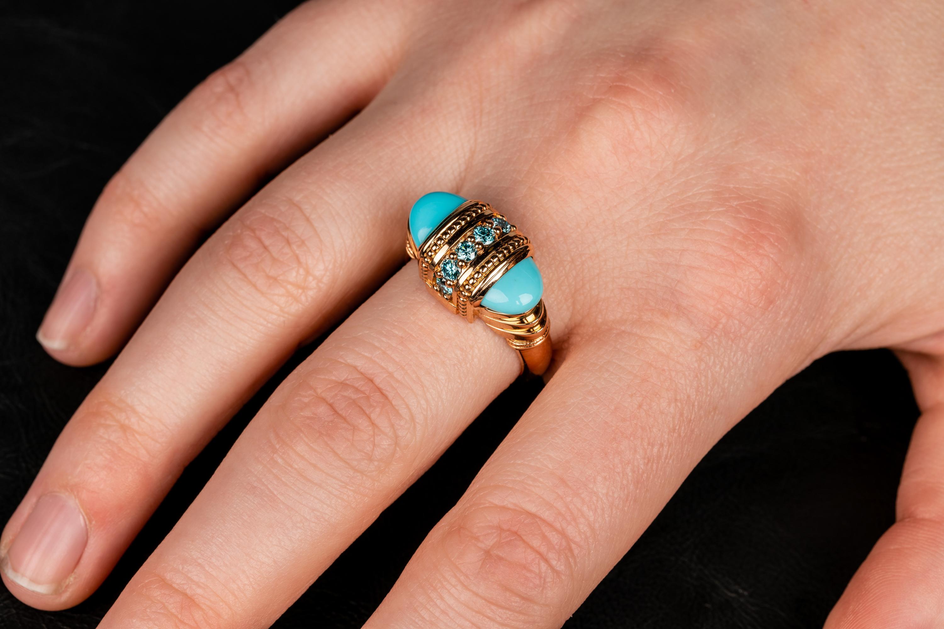 18 Karat Rose Gold Turquoise and Blue Diamond Ring In New Condition In Greenville, SC
