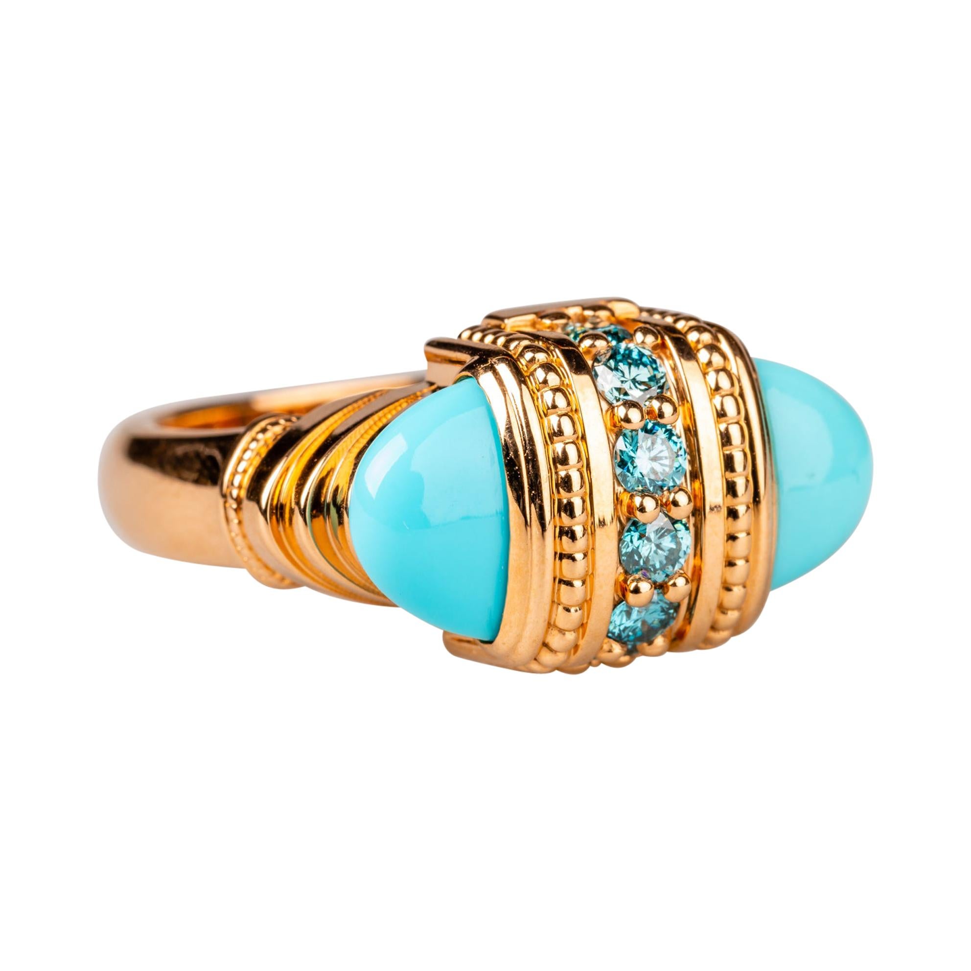 18 Karat Rose Gold Turquoise and Blue Diamond Ring