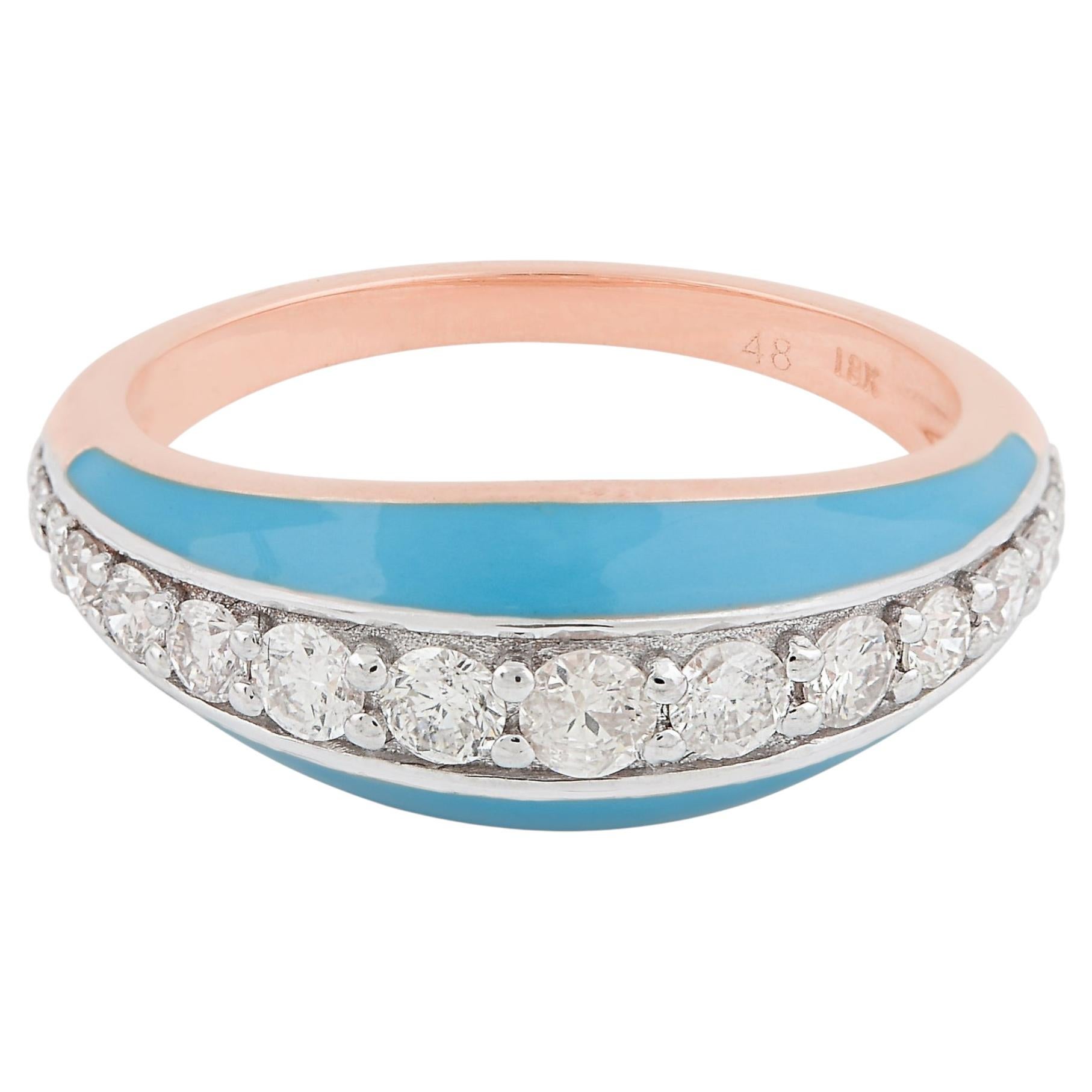 18 Karat Rose Gold Turquoise Enamel Natural SI/H Diamond Dome Band Ring