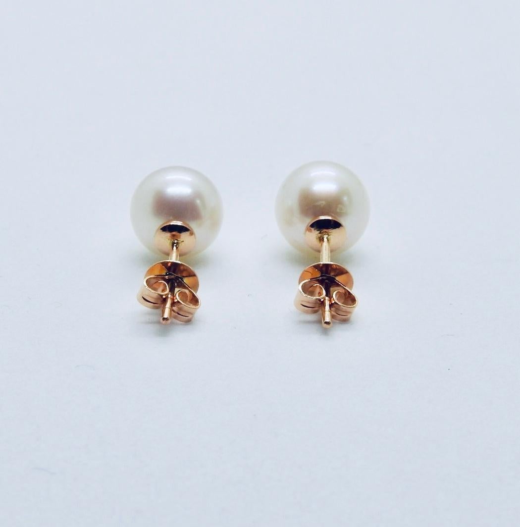 Round Cut 18 Karat Rose Gold, Turquoises and Pearls Stud Earrings For Sale