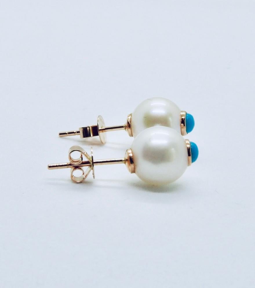 18 Karat Rose Gold, Turquoises and Pearls Stud Earrings In New Condition For Sale In Geneve, Genf