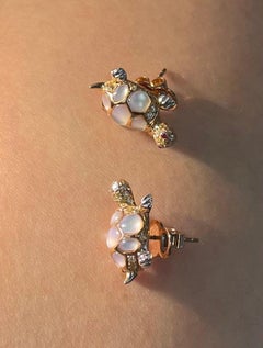 18K Rose Gold Turtle Earrings with Diamonds & Shell Layer
