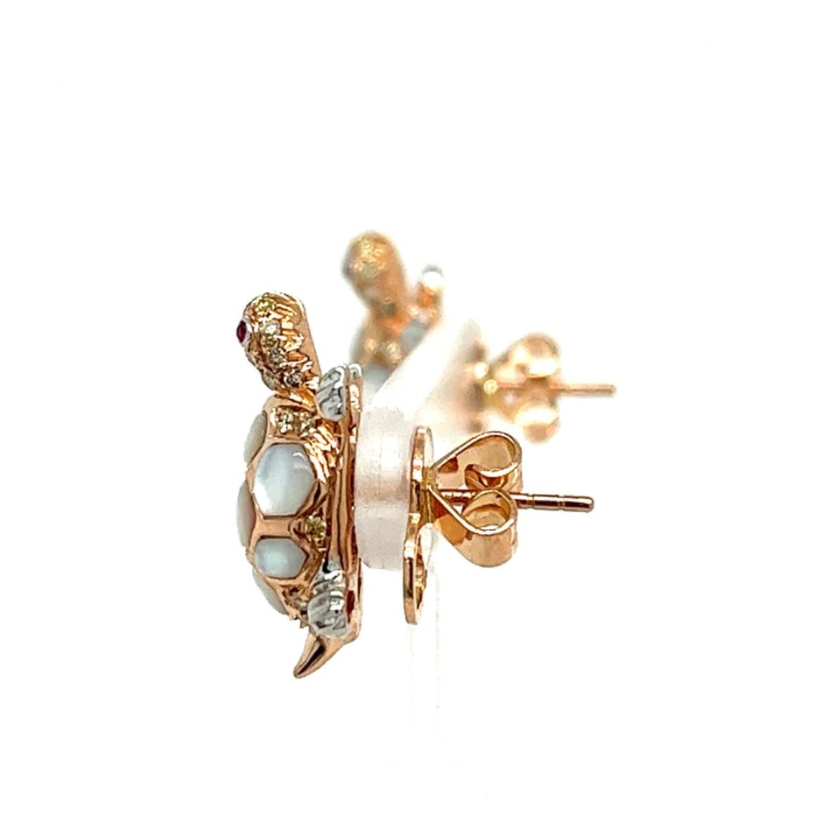 Modern 18K Rose Gold Turtle Earrings with Diamonds & Mother of Pearl For Sale