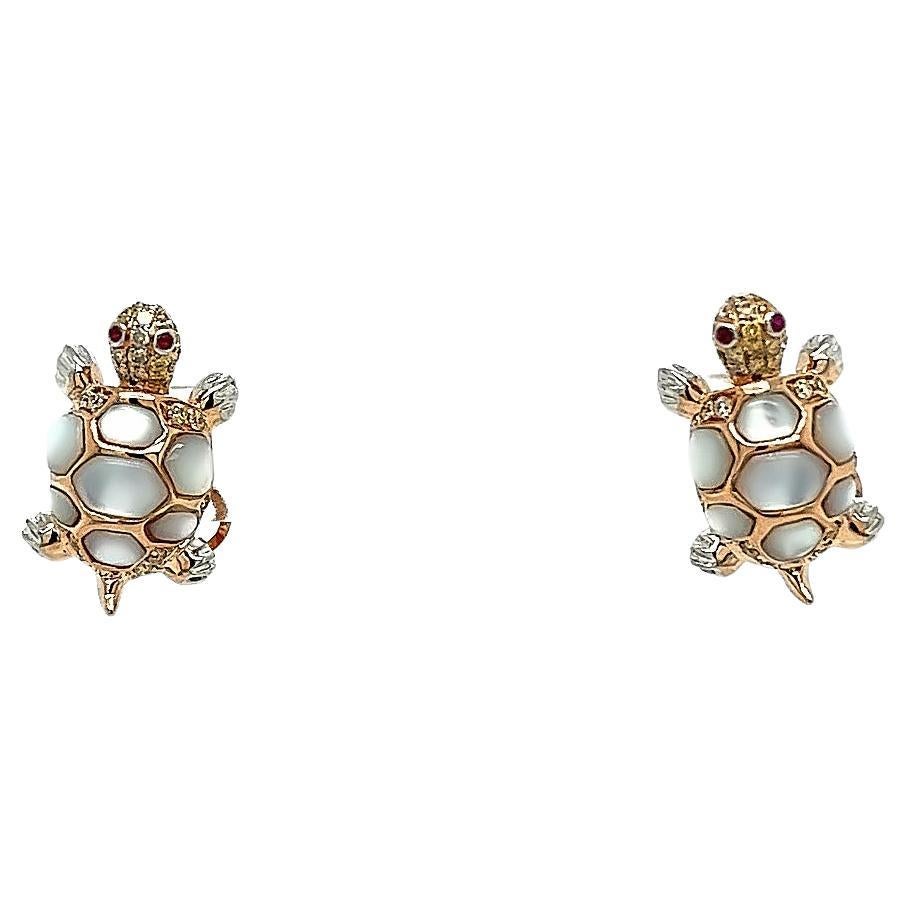 18K Rose Gold Turtle Earrings with Diamonds & Mother of Pearl