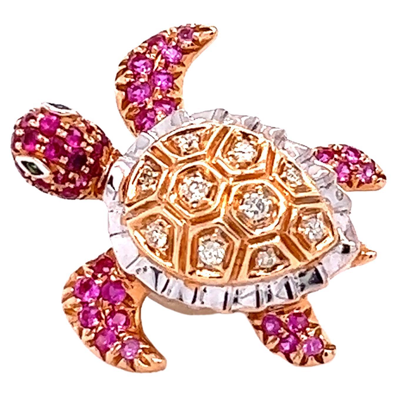 18K Rose Gold Turtle Mixed Colored Diamond and Pink Sapphire Brooch