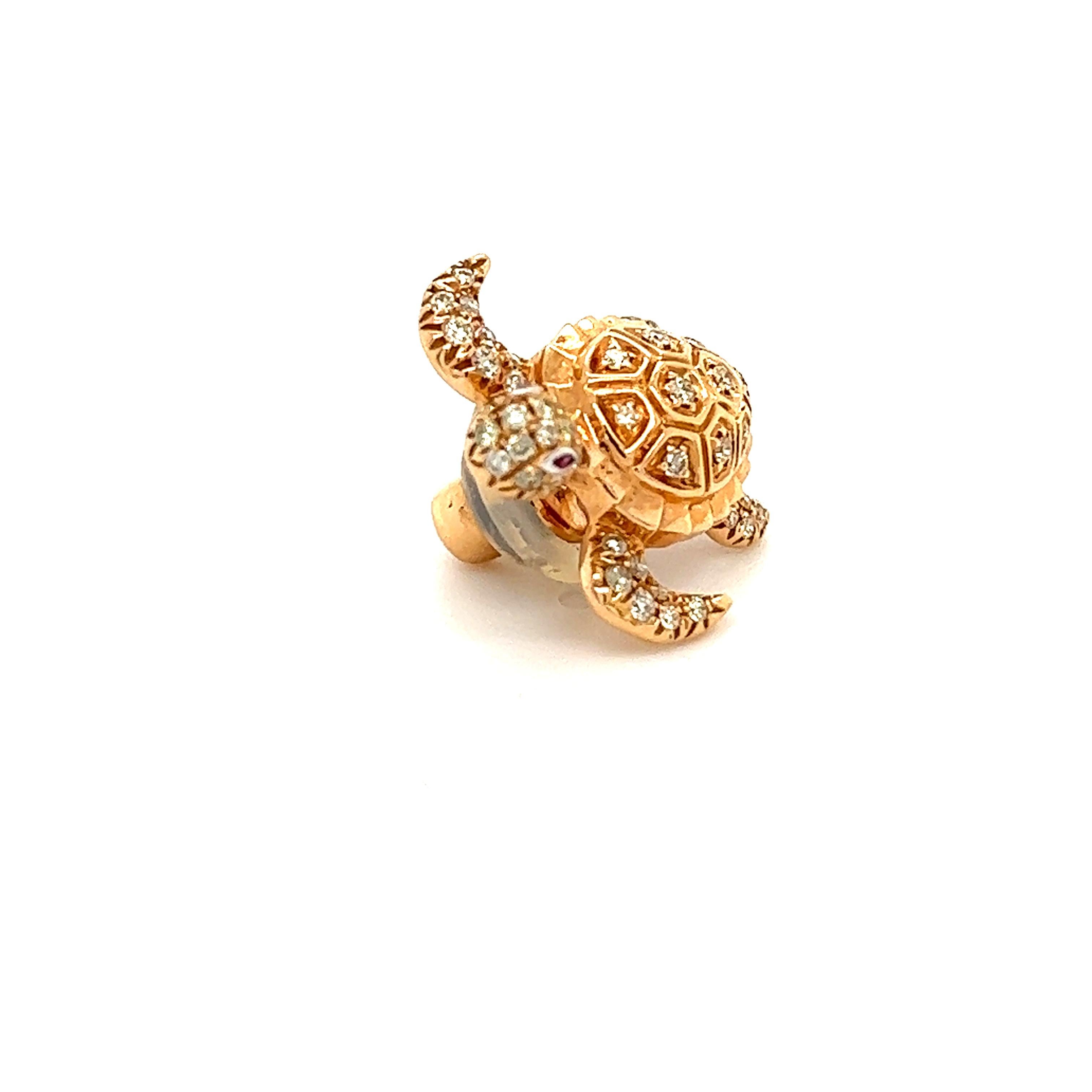 Modern 18K Rose Gold Turtle Mixed Colored Diamond Brooch For Sale