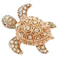 Used 18K Rose Gold Turtle Mixed Colored Diamond Brooch