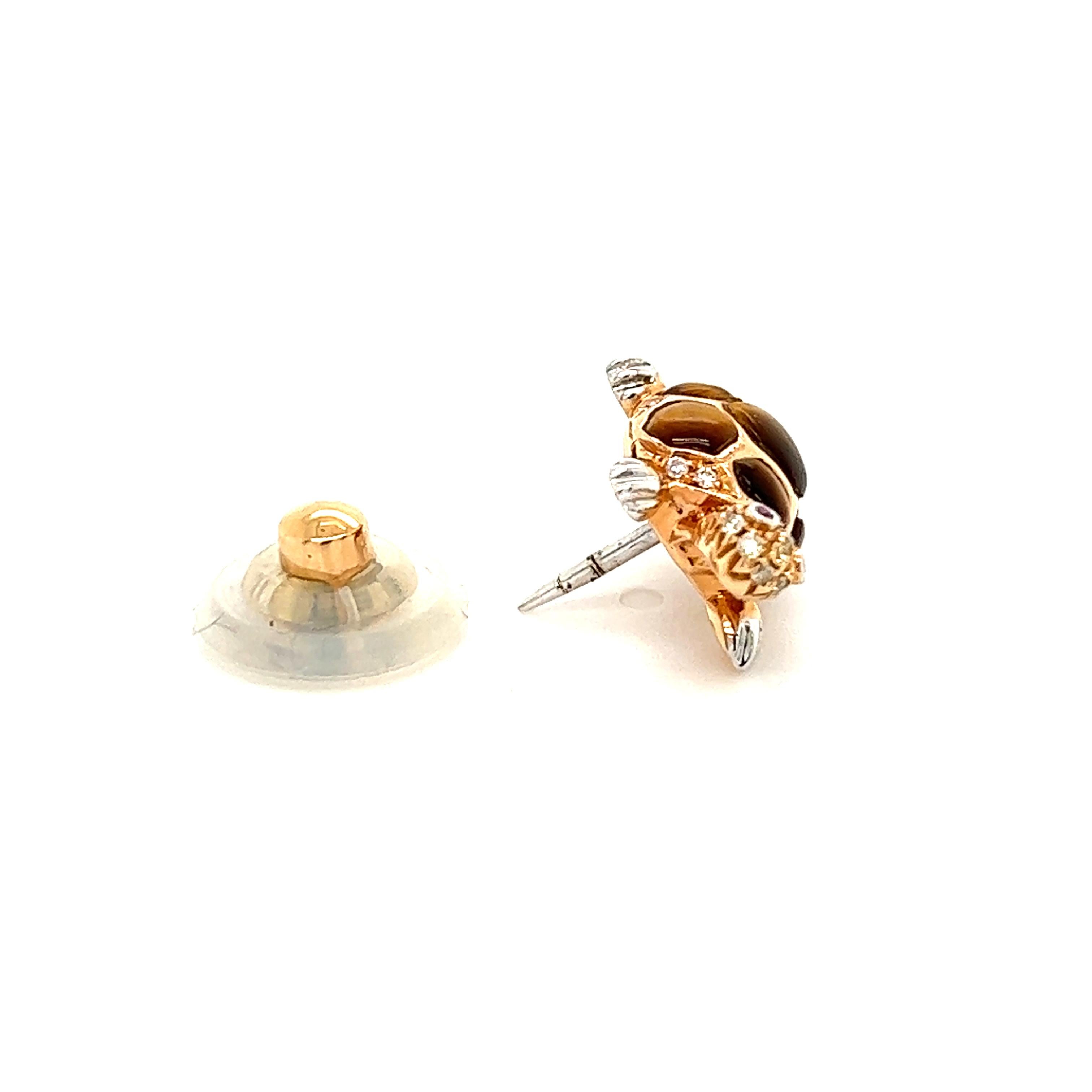 Round Cut 18K Rose Gold Turtle Mixed Diamond and Tiger Eye Brooch For Sale