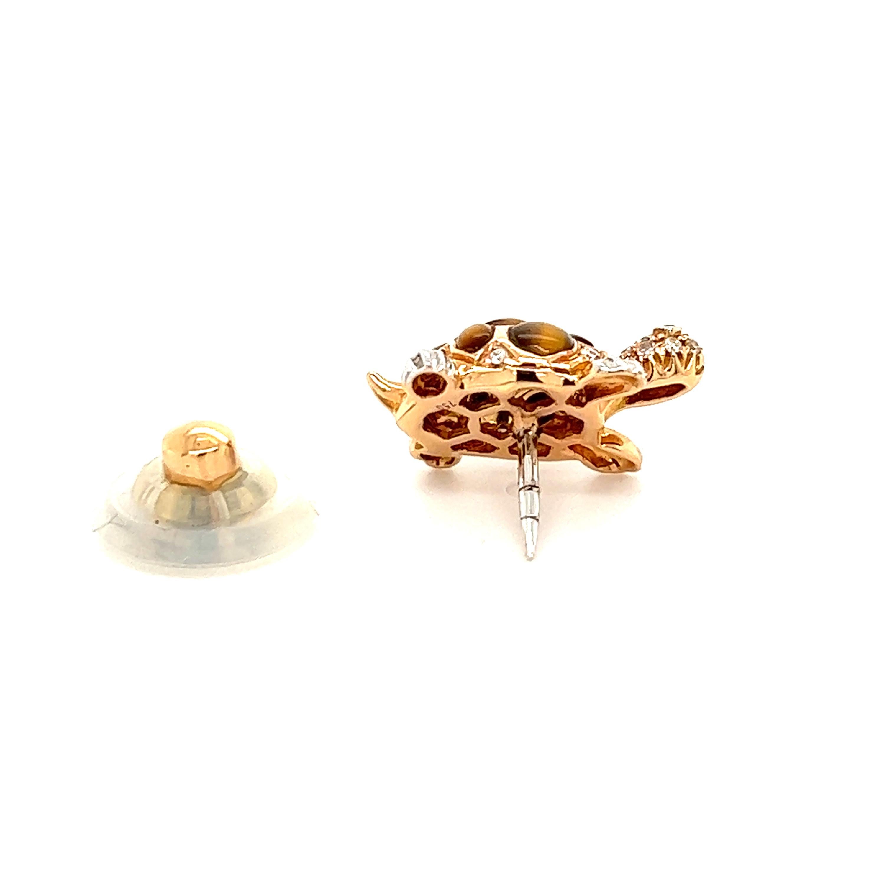 18K Rose Gold Turtle Mixed Diamond and Tiger Eye Brooch In New Condition For Sale In Hong Kong, HK