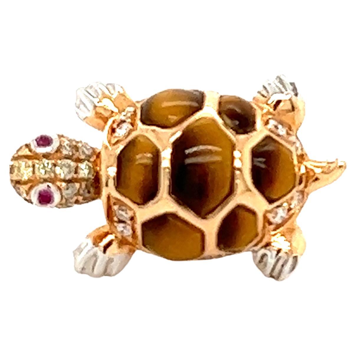 18K Rose Gold Turtle Mixed Diamond and Tiger Eye Brooch For Sale