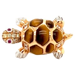 18K Rose Gold Turtle Mixed Diamond and Tiger Eye Brooch