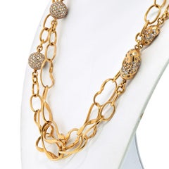 18K Rose Gold Twisted Link Bean Diamond Station Long Chain Necklace