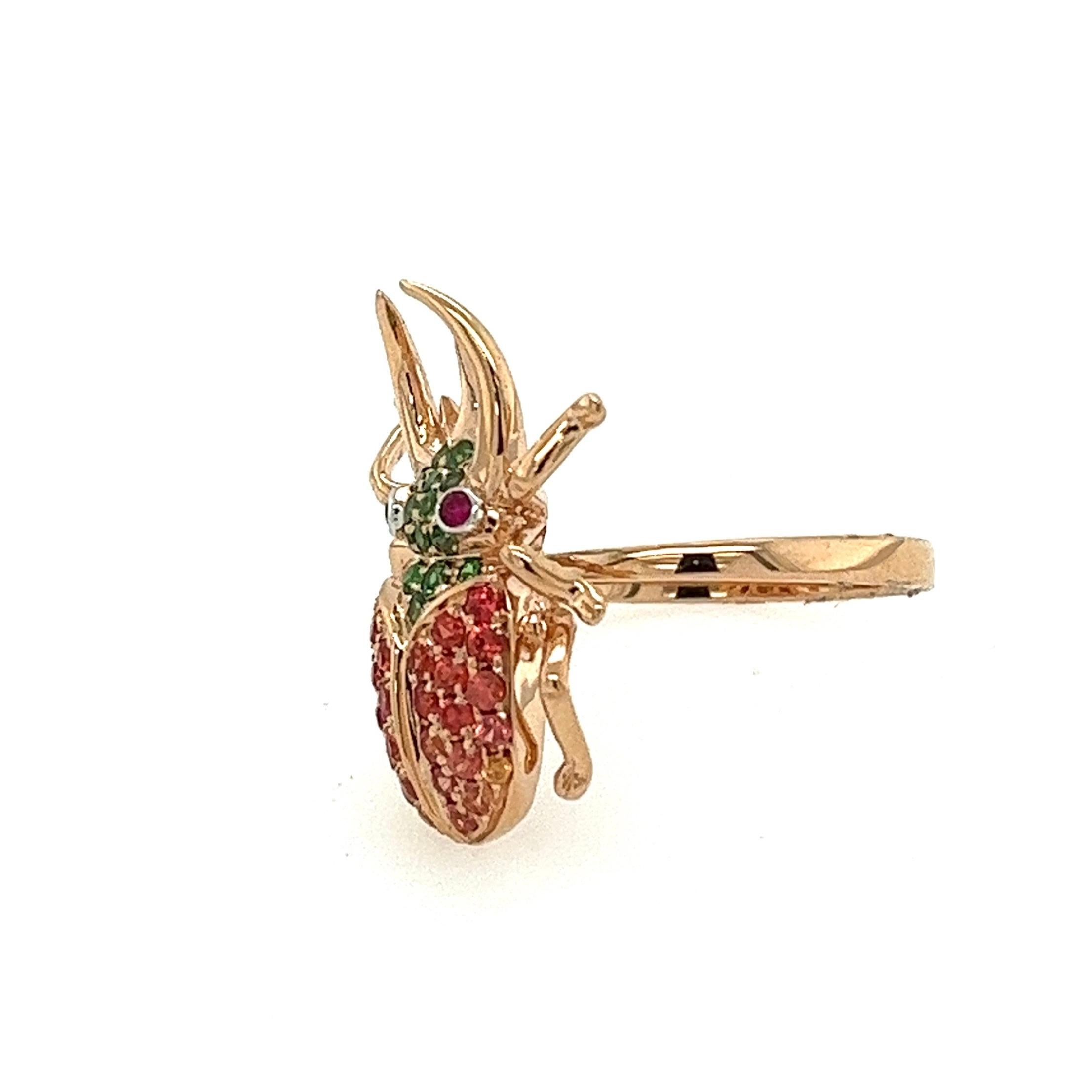 Modern 18K Rose Gold Unicorn Beetle Orange Sapphire Ring with Diamonds For Sale