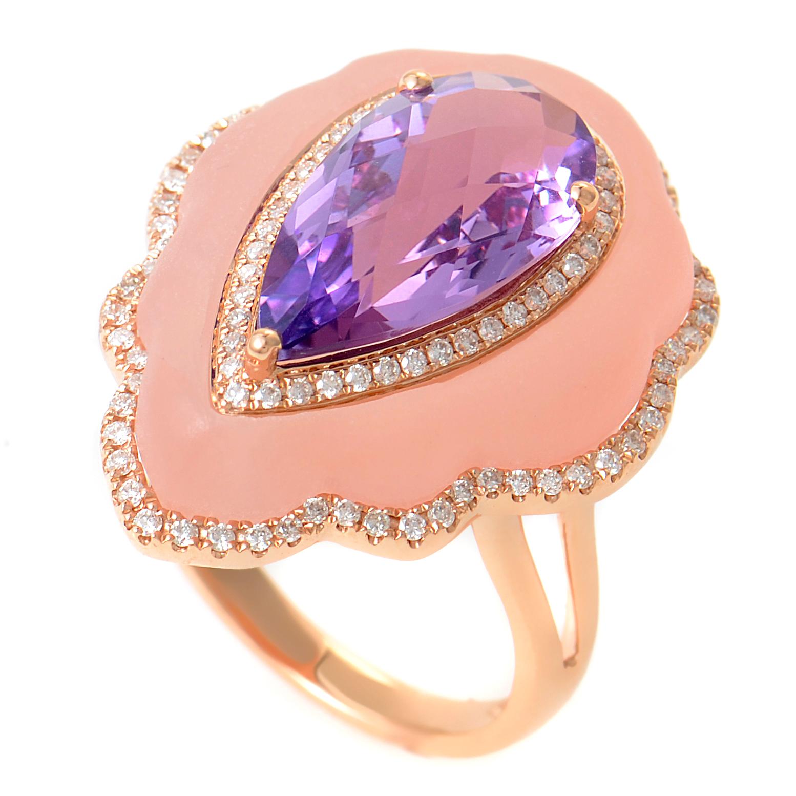 Women's 18 Karat Rose Gold White Diamond, Amethyst, and Pink Quartz Ring