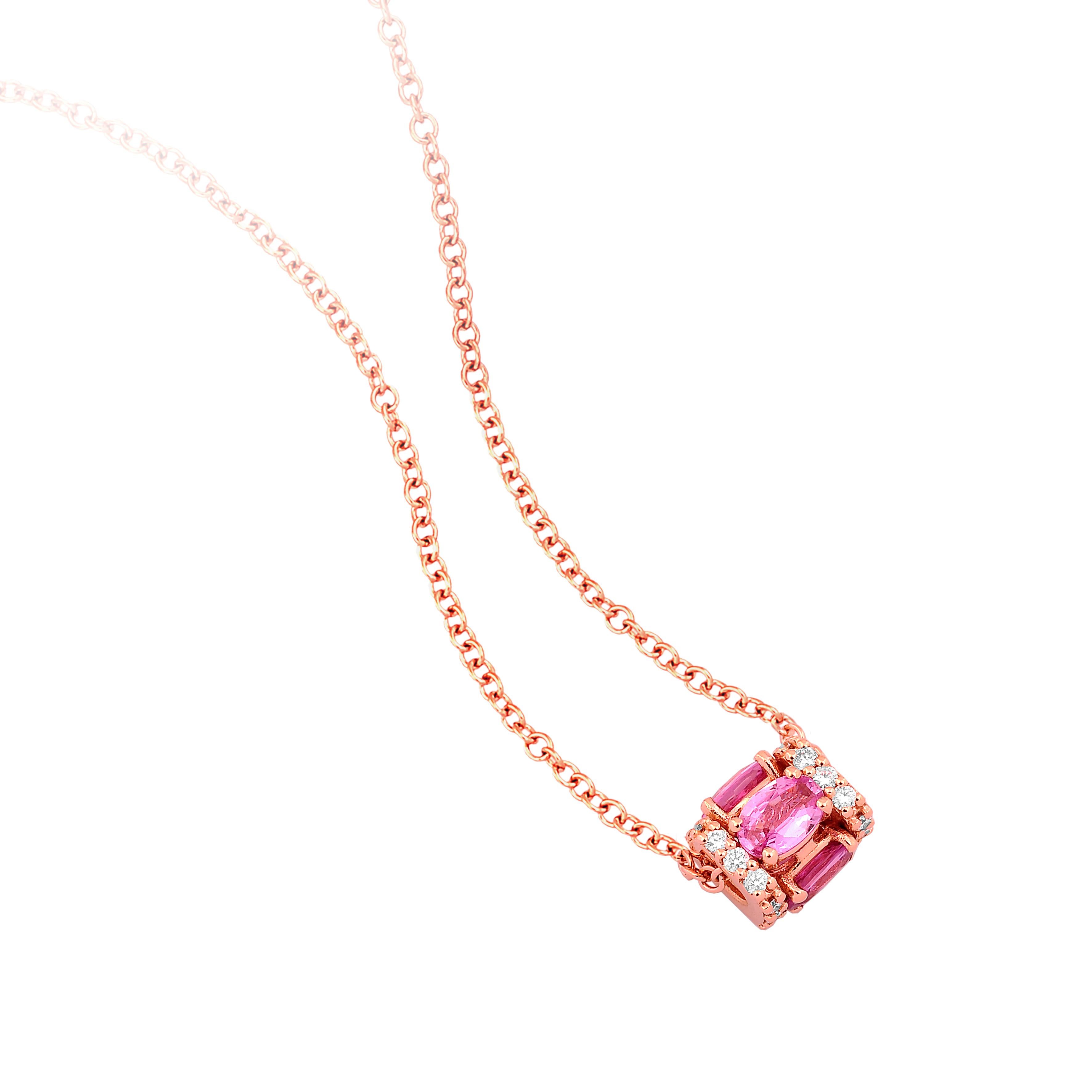 18K rose gold, white diamond (approx. 0.40 carats), and pink sapphire (approx. 1.83 carats) pendant necklace