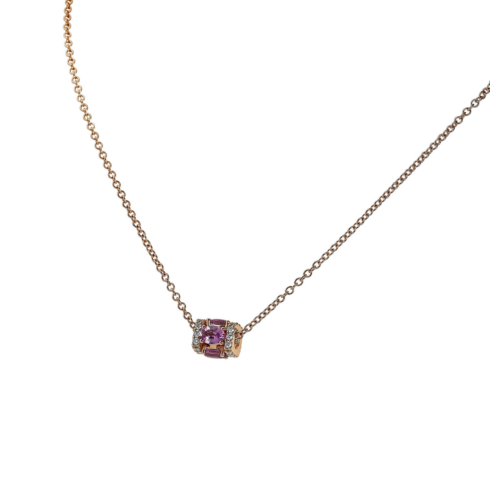 Halskette mit Anhänger aus 18 Karat Roségold, weißem Diamant und rosa Saphir (Ovalschliff) im Angebot