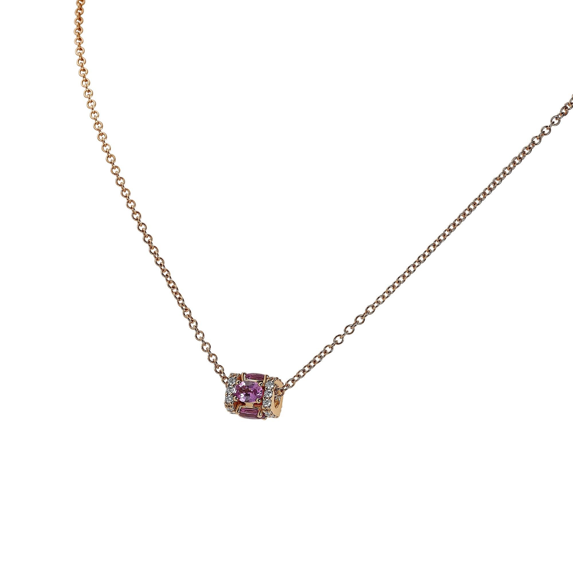 Oval Cut 18k Rose Gold, White Diamond, and Pink Sapphire Pendant Necklace For Sale