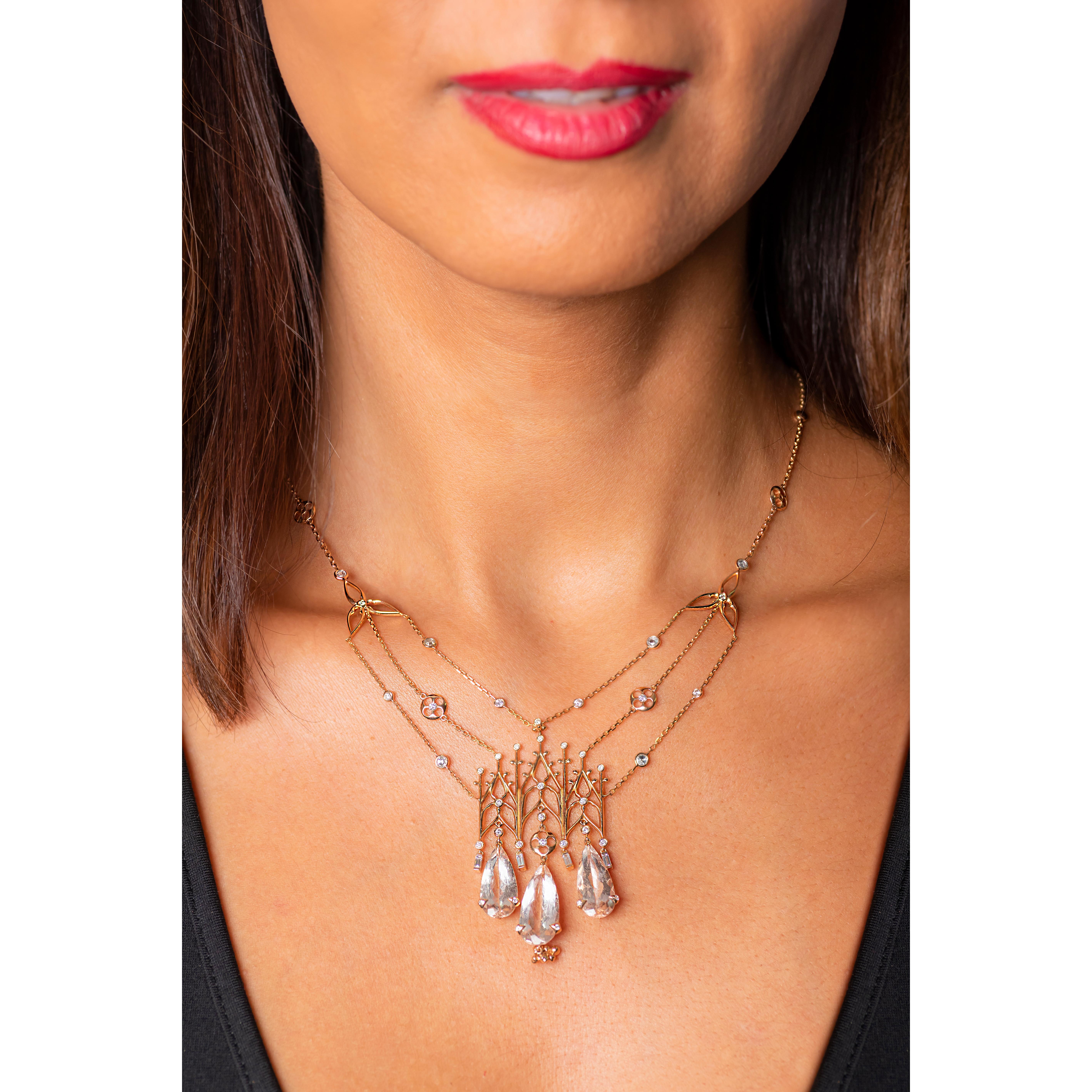 White Diamonds (Princess/Rose Cut and Baguette) 1.90 cts, Morganite Pear Shape 4 pcs 14.72 cts      
                              
This delicate rose gold  necklace takes its name from the italian“ Falconature“ a group of roof decorations, composed