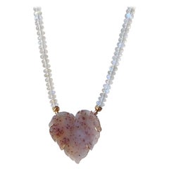 18k Rose Gold White Moonstone Necklace with a Pink Speckled Druzy Heart Clasp