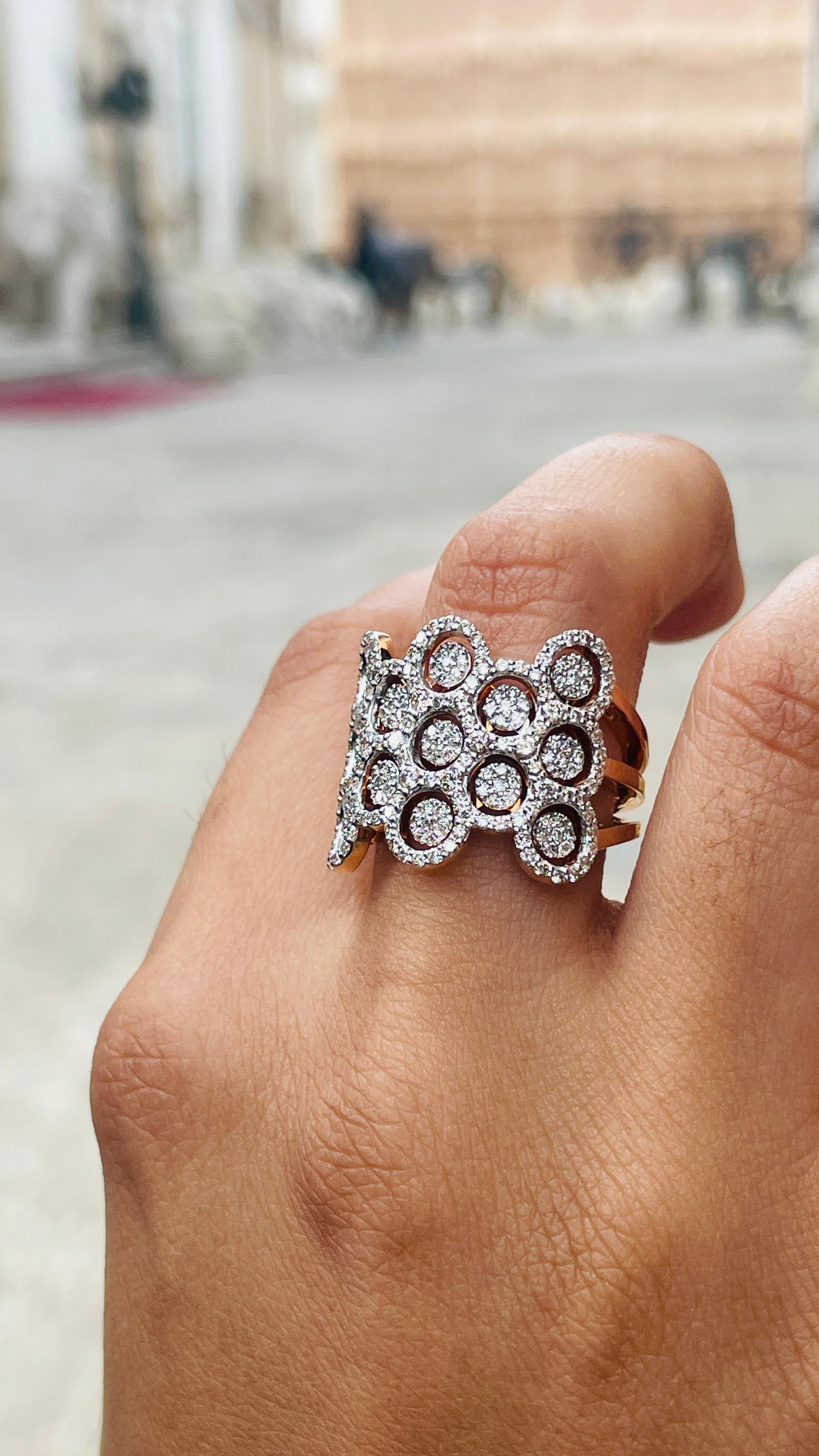 For Sale:  18K Rose Gold Statement Diamond Cluster Wide Band Ring 14
