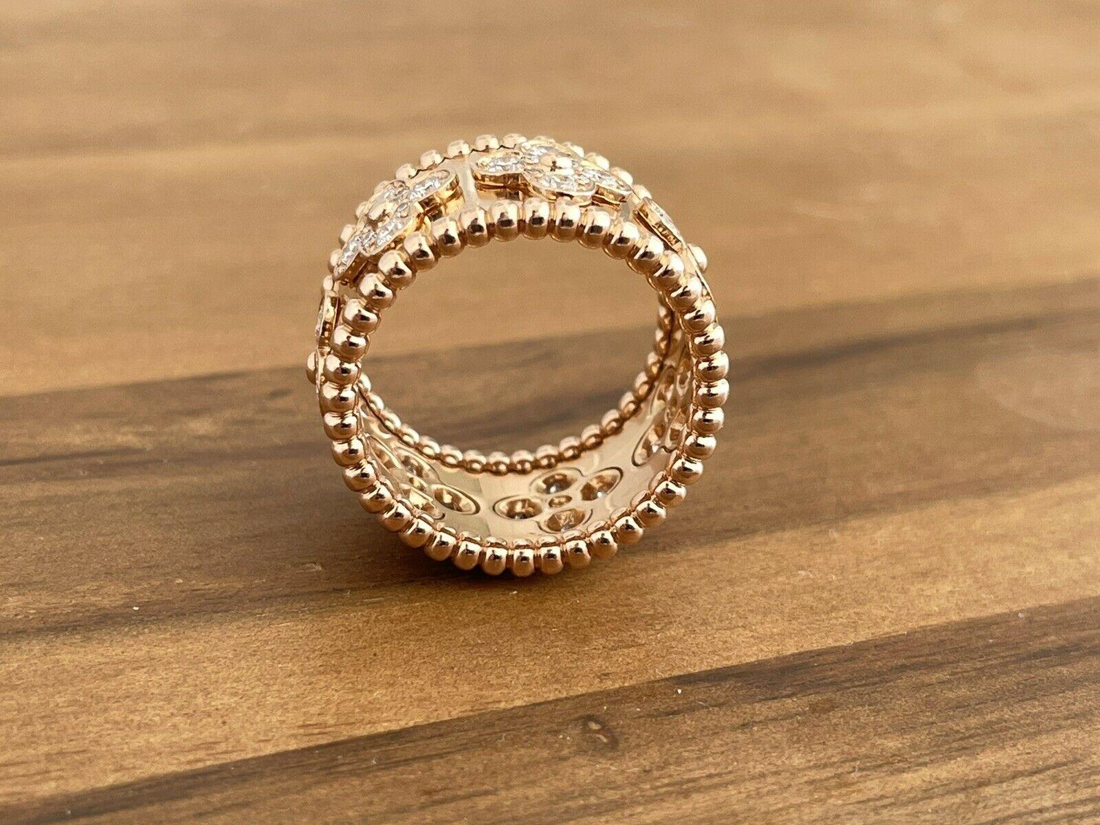 Authentic 18K Rose Gold Wide Van Cleef & Arpels Perlee Clover & Diamond Ring 54

For sale is a  18K Rose Gold Wide Van Cleef & Arpels Perlee Clover & Diamond Ring
The ring is a size 54 which is a US 6 3/4
APPROX. 1.12 ctw diamonds F-VS
 Perfect worn