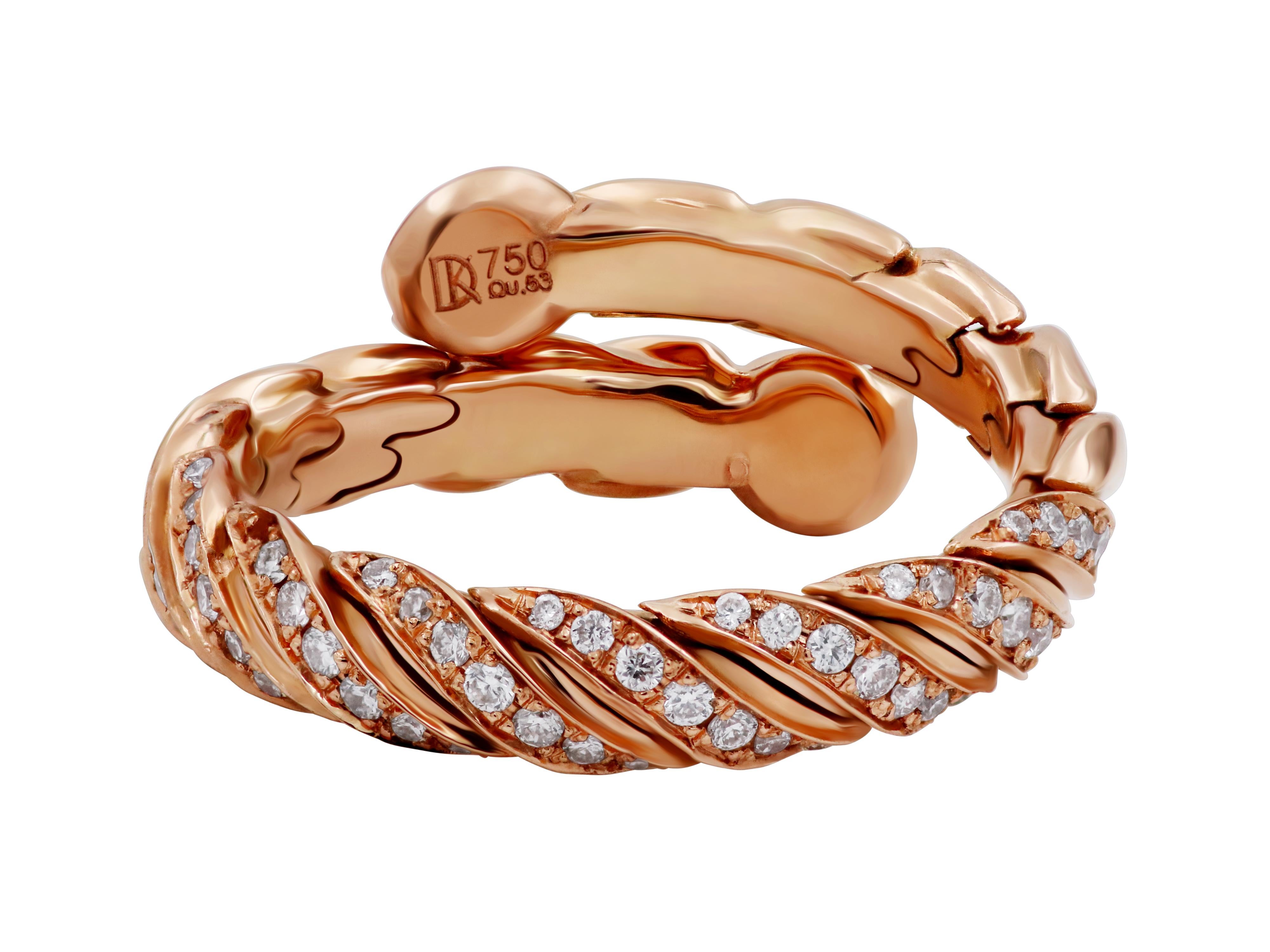 18k rose gold twisted adjustable ring with 0.29 carats brilliant cut diamonds.