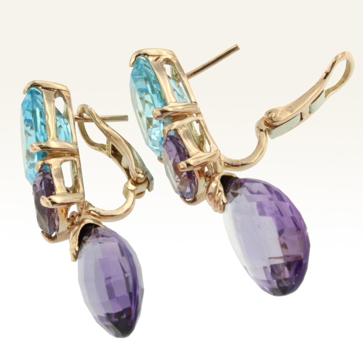 Modern 18 Karat Rose Gold with Amethyst and Blue Topaz Earrings