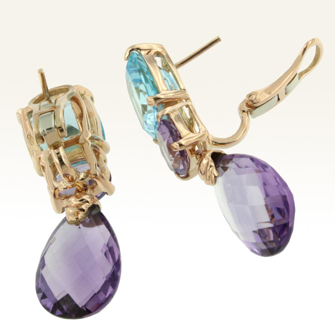 Oval Cut 18 Karat Rose Gold with Amethyst and Blue Topaz Earrings