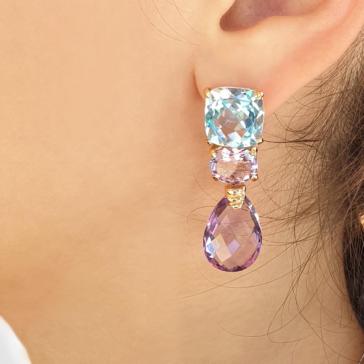 18 Karat Rose Gold with Amethyst and Blue Topaz Earrings 1