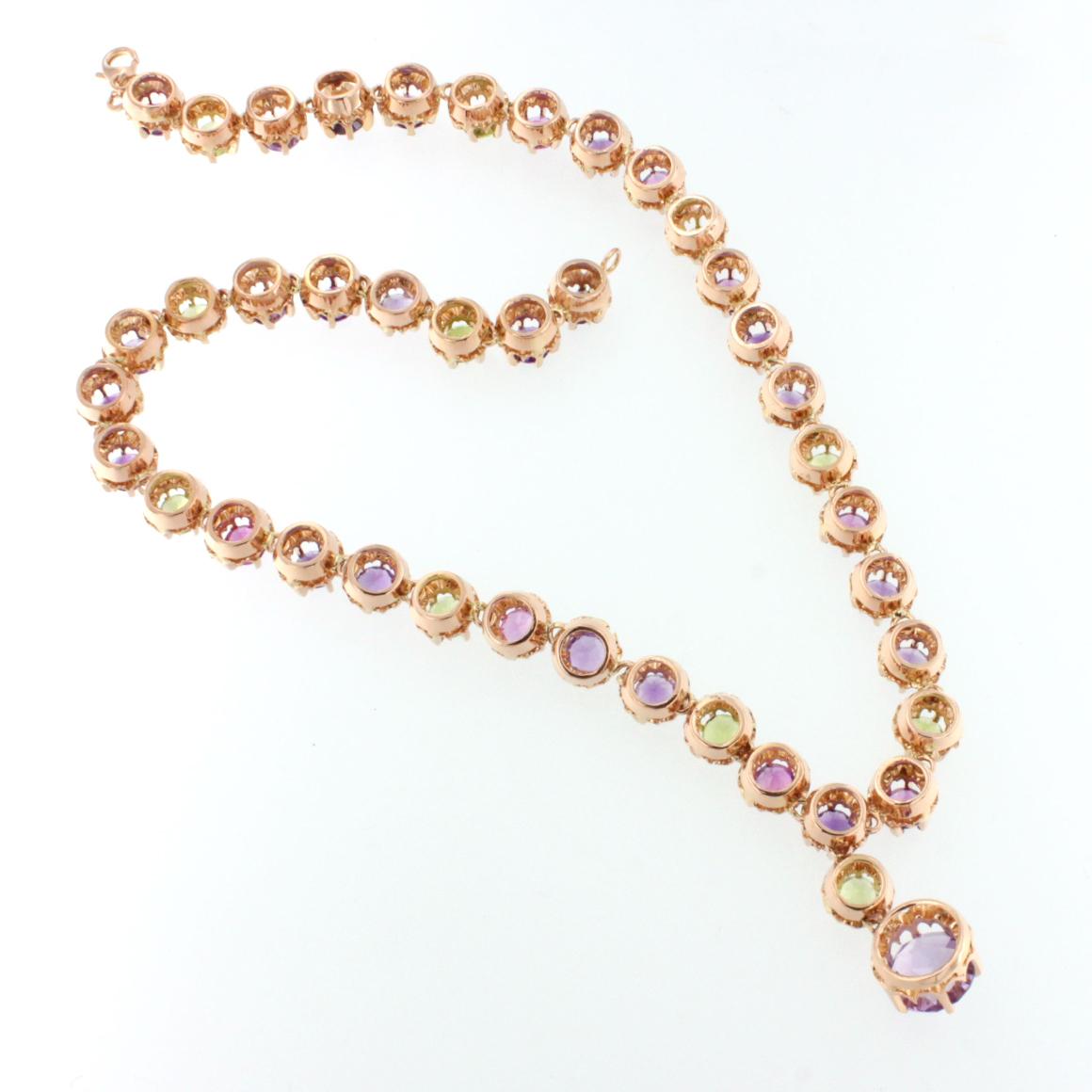 Halskette aus 18 Karat Roségold mit Amethyst und Peridot (Rundschliff) im Angebot