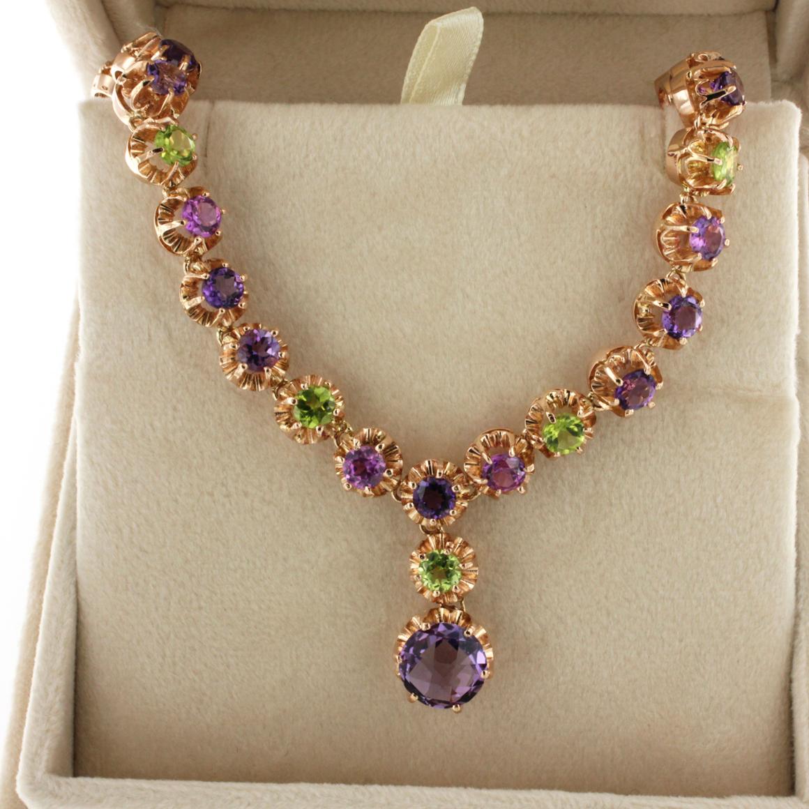 Modern 18 Karat Rose Gold with Amethyst and Peridot Necklace For Sale