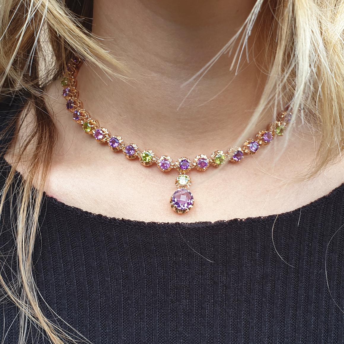 An absolutely beautiful piece that is elegant, colorful and timeless. 
Amazing Necklace in rose gold 18kt made in Italy by Stanoppi Jewellery since 1948. 
Necklace in 18k rose gold with Amethyst, Peridot, Pink Tourmaline (round cut, size: 5.00 mm  