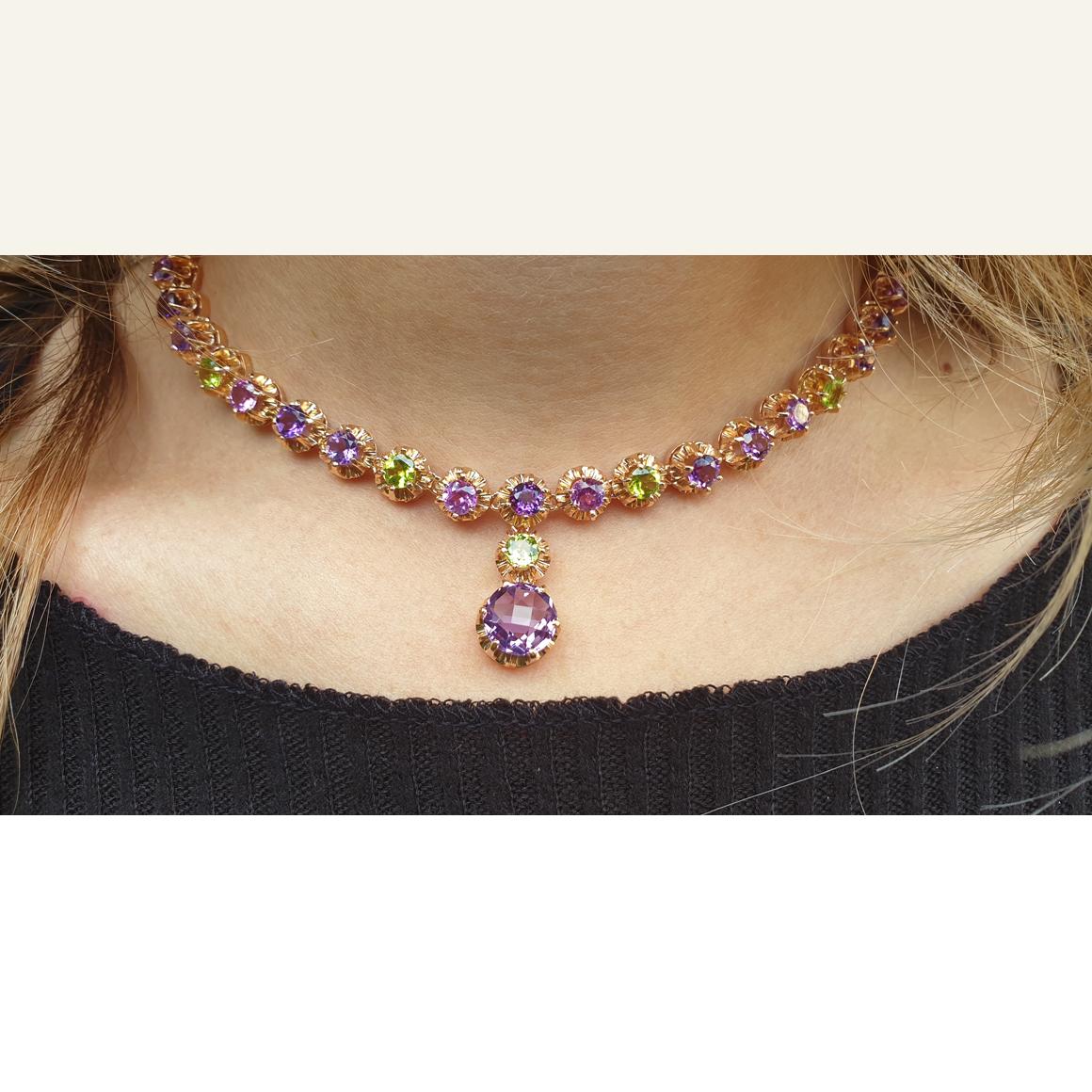 Round Cut 18 Karat Rose Gold with Amethyst and Peridot Necklace For Sale