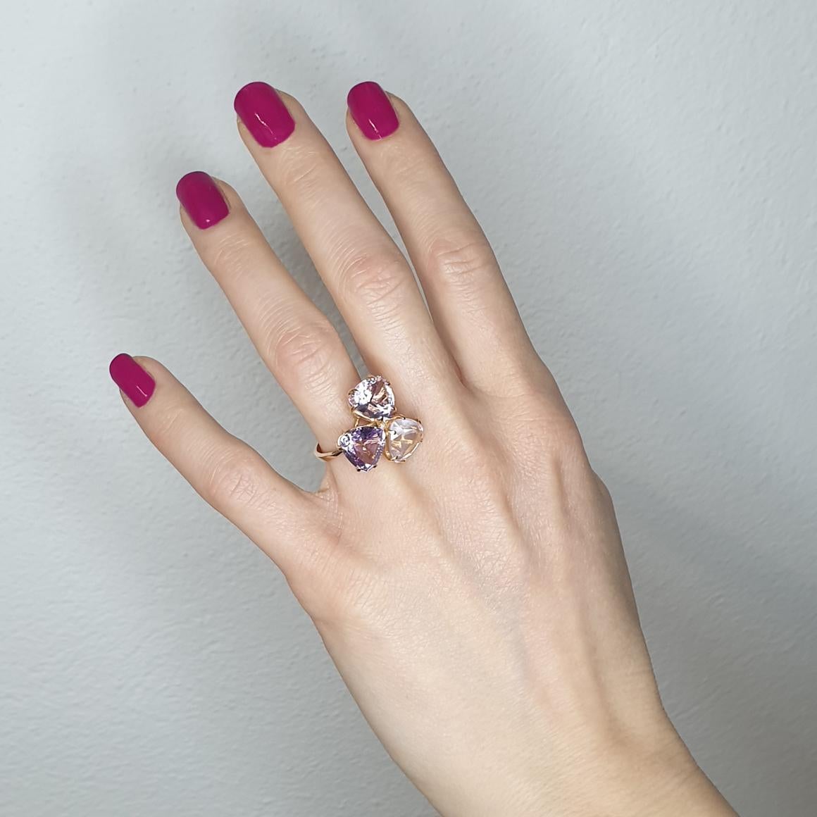 Design, fashion, trandy ring in 18k rose gold with Amethyst (triangular cut, size: mm) and pink Quartz (triangular cut, size: mm)  g.7,30

Size of ring: 12 EU  -  6,5 USA 

All Stanoppi Jewelry is new and has never been previously owned or worn.