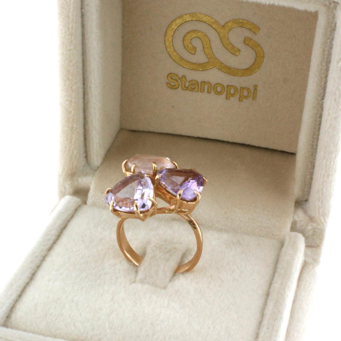Modern 18k Rose Gold with Amethyst and Pink Quartz Ring For Sale