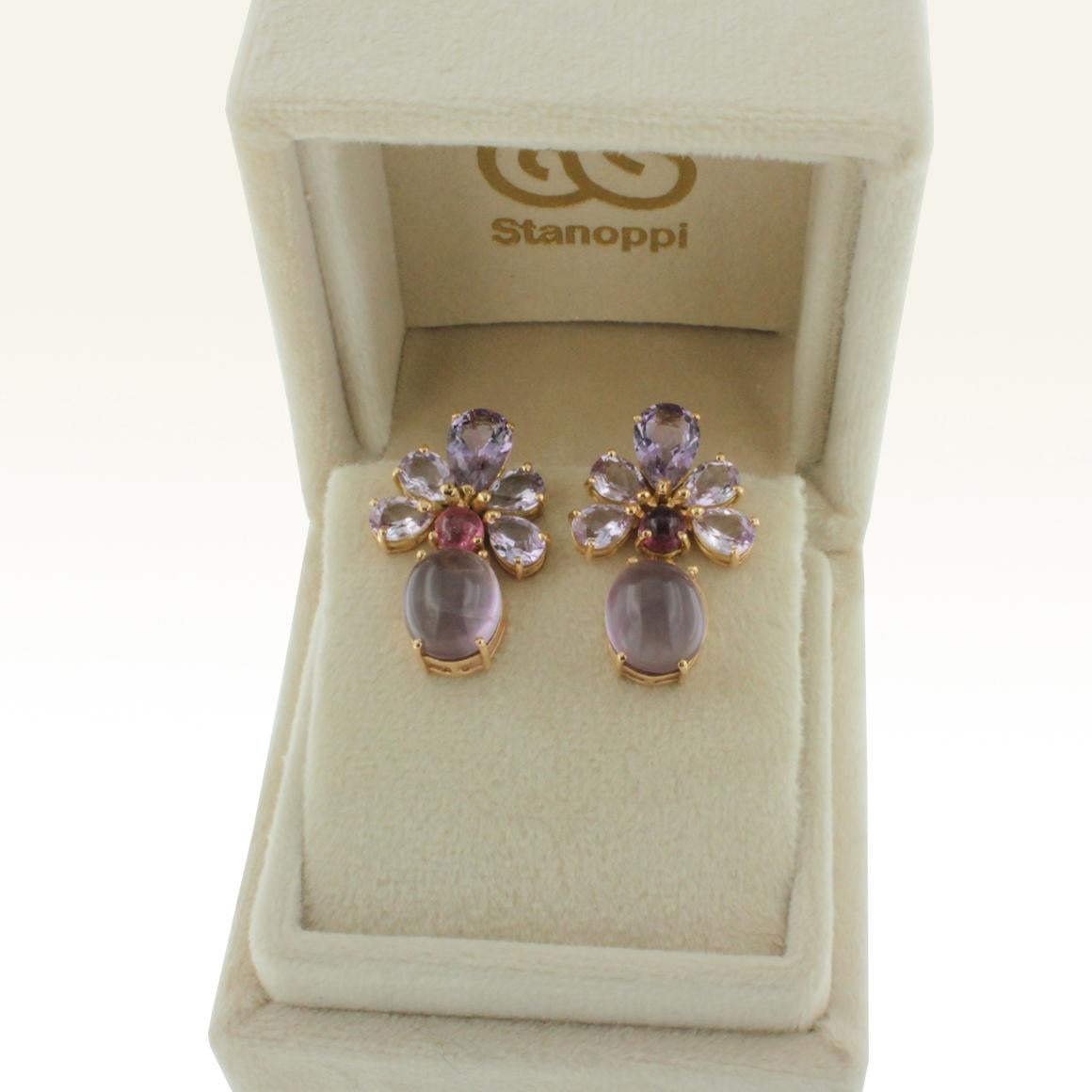 Oval Cut 18 Karat Rose Gold with Amethyst and Pink Tourmaline Earrings For Sale