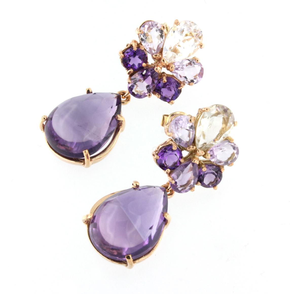 Pear Cut 18 Karat Rose Gold with Amethyst and Prasiolite Earrings For Sale