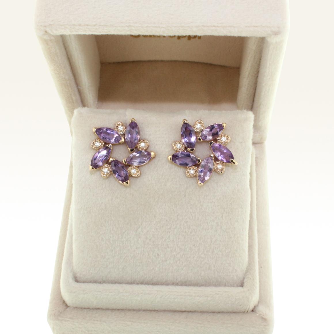 Women's or Men's 18 Karat Rose Gold with Amethyst and White Diamonds Earrings For Sale