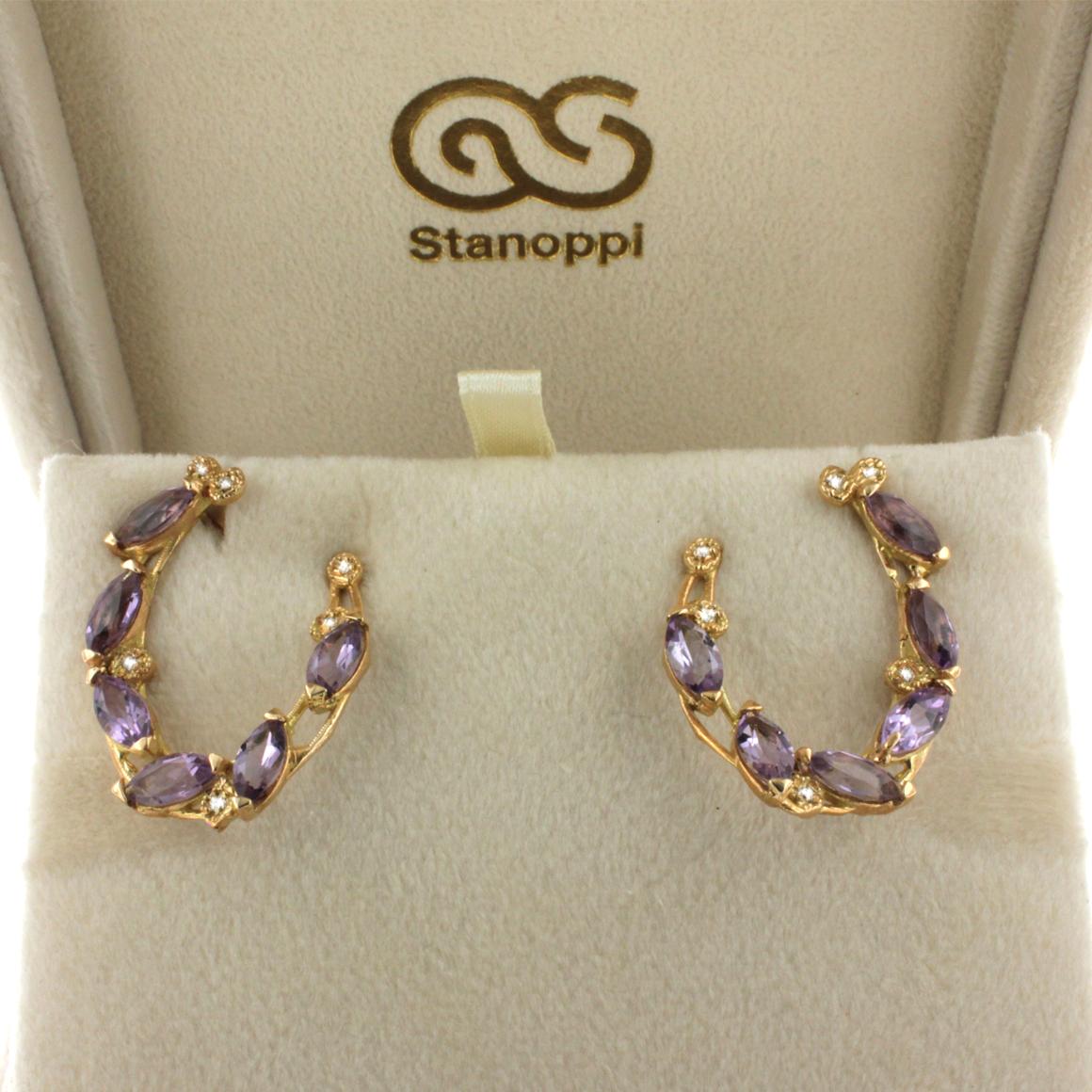 Women's or Men's 18k Rose Gold with Amethyst and White Diamonds Earrings For Sale