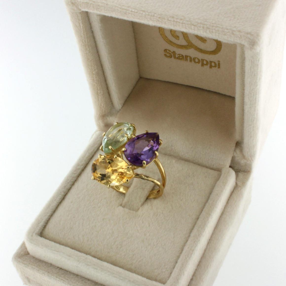 Rose Cut 18k Rose Gold With Amethyst Citrine and Prasiolite Ring For Sale