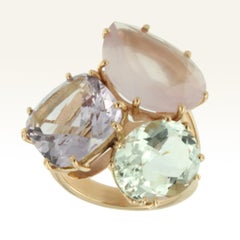 18 Karat Rose Gold with Amethyst Green Amethyst and Pink Quartz Cocktail  Ring