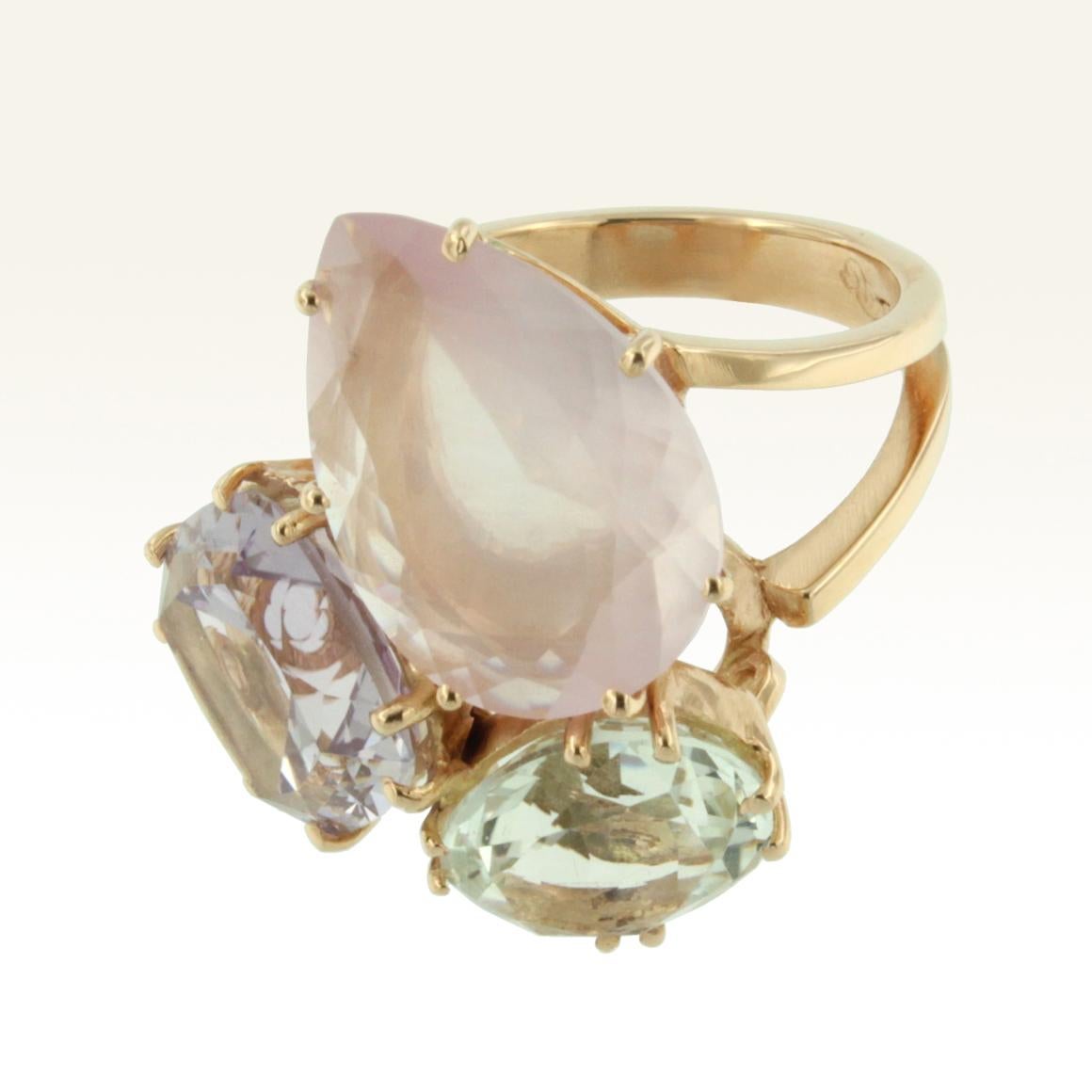 Ring aus 18 Karat Roségold mit Amethyst, grünem Amethyst und rosa Quarz (Moderne) im Angebot