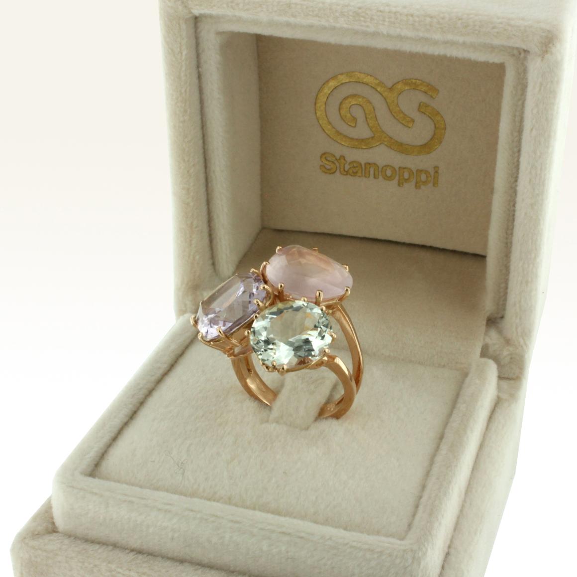 Modern 18 Karat Rose Gold with Amethyst Green Amethyst and Pink Quartz Cocktail  Ring For Sale