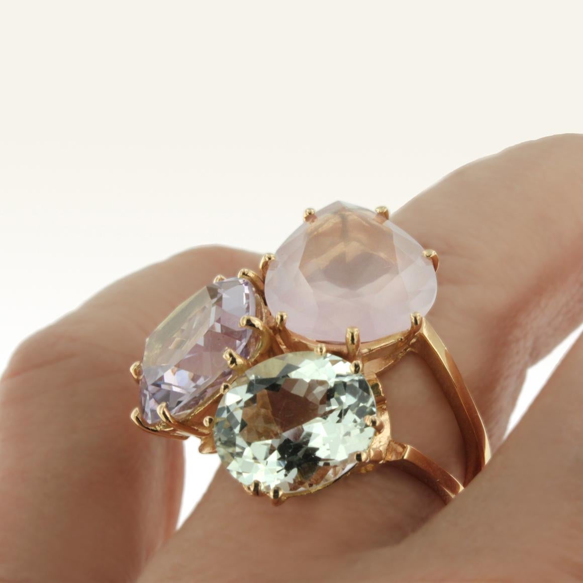 Oval Cut 18 Karat Rose Gold with Amethyst Green Amethyst and Pink Quartz Cocktail  Ring For Sale