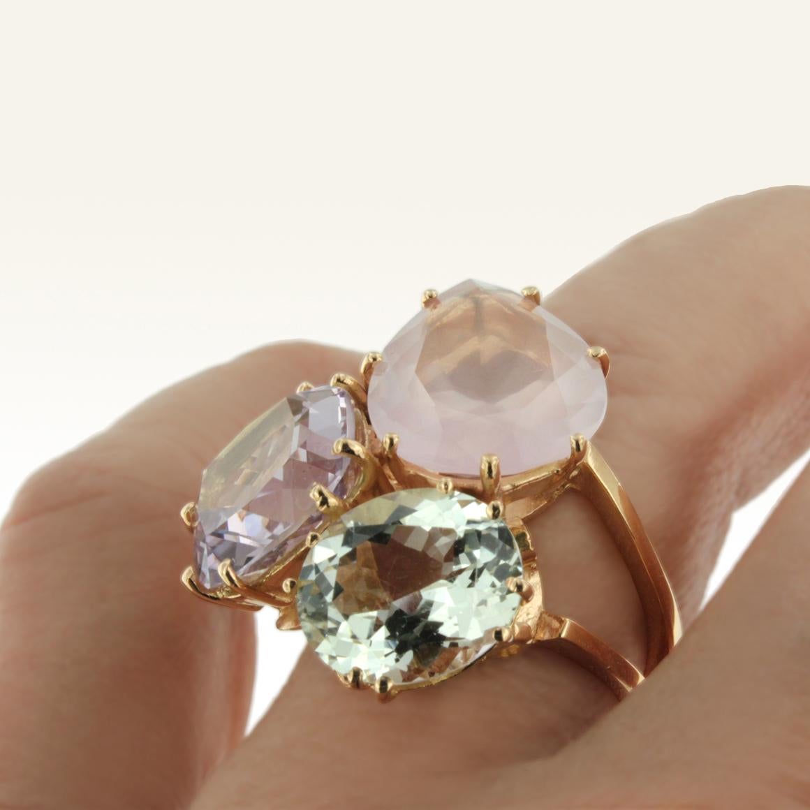 Oval Cut 18 Karat Rose Gold with Amethyst Green Amethyst and Pink Quartz Ring For Sale