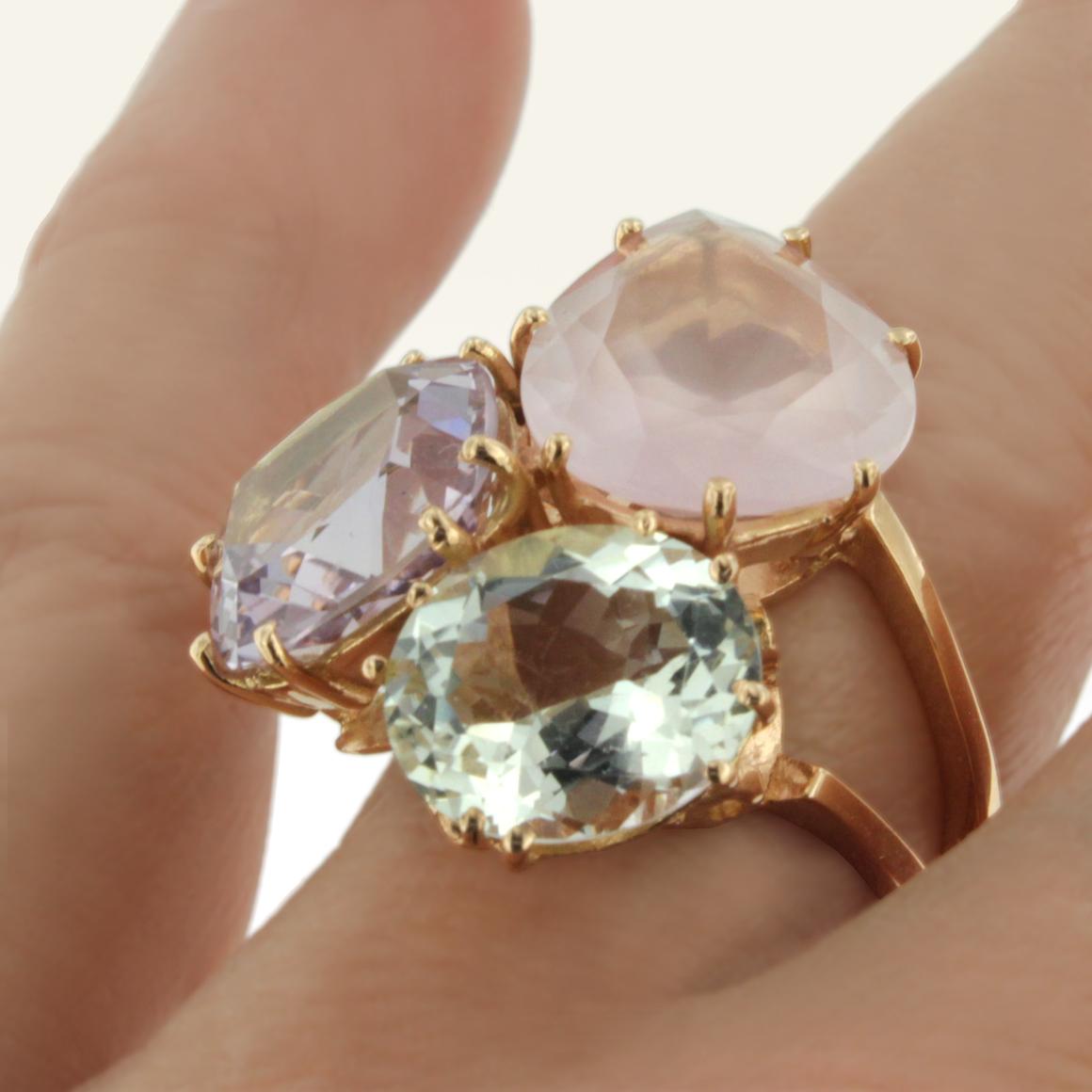 18 Karat Rose Gold with Amethyst Green Amethyst and Pink Quartz Cocktail  Ring In New Condition For Sale In GALLARATE, IT