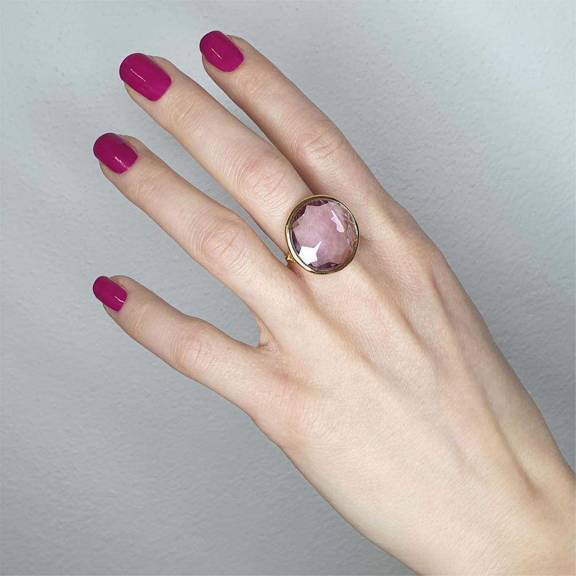 Bague Fashion en or rose 18 carats avec améthyste fabriquée à la main en Italie par Stanoppi Jewellery depuis 1948.
 (coupe ronde, taille : 20 mm)

Taille de l'anneau :  14 UE -  7  USA      g.7,50
(Possibilité d'avoir le collier et le bracelet en